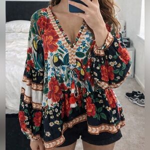 Talisman Boho Floral Toucan Leopard Tassel Peasant Top – M/L – 100% Cotton